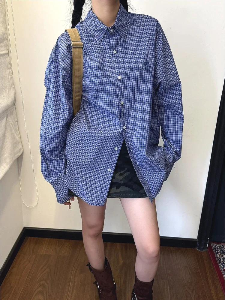 Shirt Camp Collar - Camisas a cuadros azules Vintage para