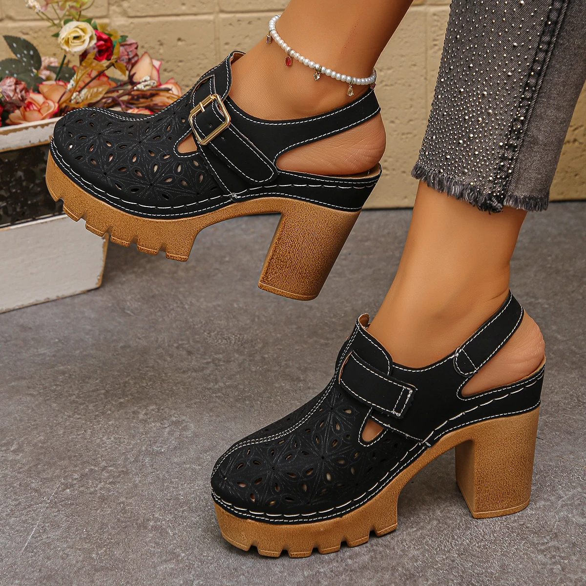 Casual Sandal Leather - Sandalias de tacón grueso de talla